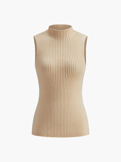 Women's ribbed sleeveless knit top with mock neckline and fitted shape