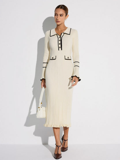 Women's white ribbed midi sweater dress with contrast trim, collar and long sleeves