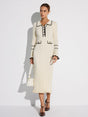 Women's white ribbed midi sweater dress with contrast trim, collar and long sleeves