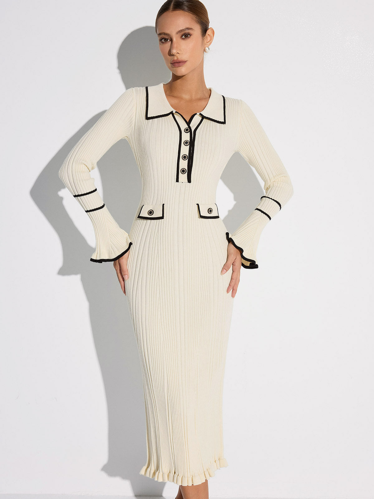 Women's white ribbed midi sweater dress with contrast trim, collar and long sleeves