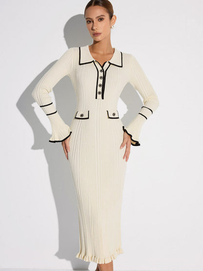 Women's white ribbed midi sweater dress with contrast trim, collar and long sleeves