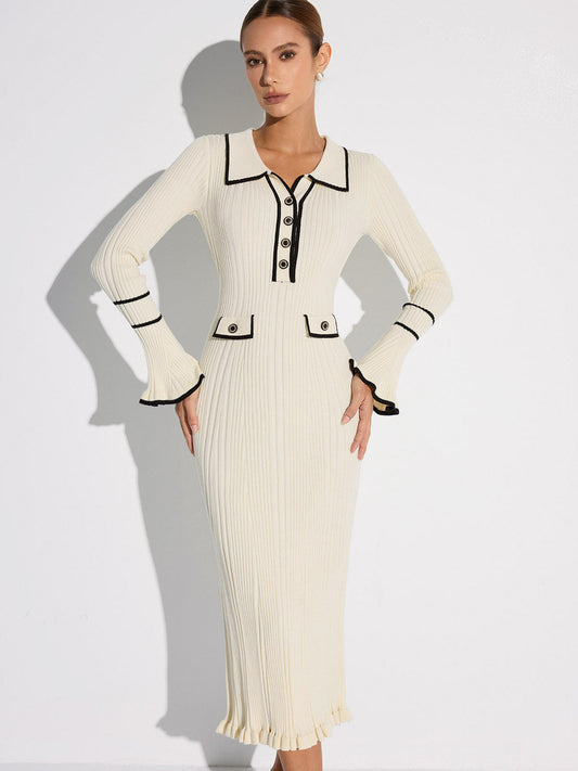 Women's white ribbed midi sweater dress with contrast trim, collar and long sleeves