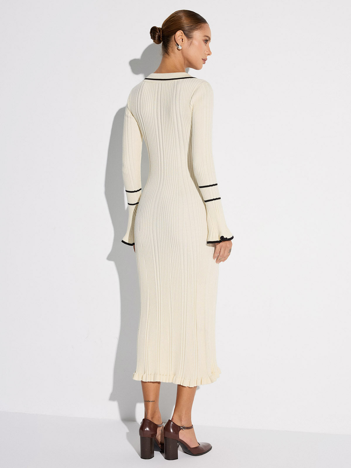 Women's white ribbed midi sweater dress with contrast trim, collar and long sleeves