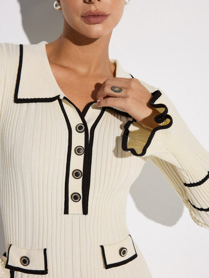 Women's white ribbed midi sweater dress with contrast trim, collar and long sleeves