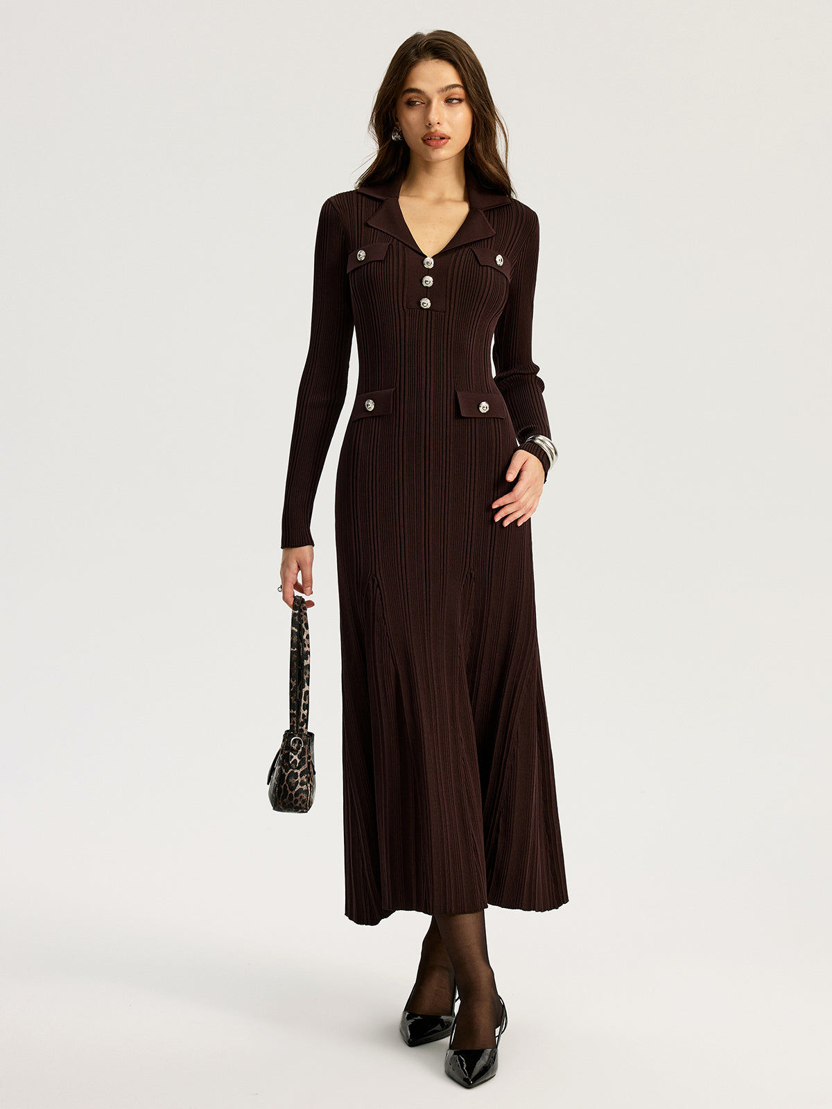Women's dark brown ribbed knit maxi dress with lapel collar and long sleeves