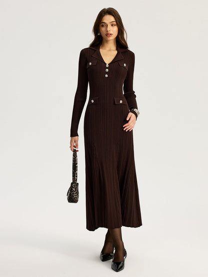 Women's dark brown ribbed knit maxi dress with lapel collar and long sleeves