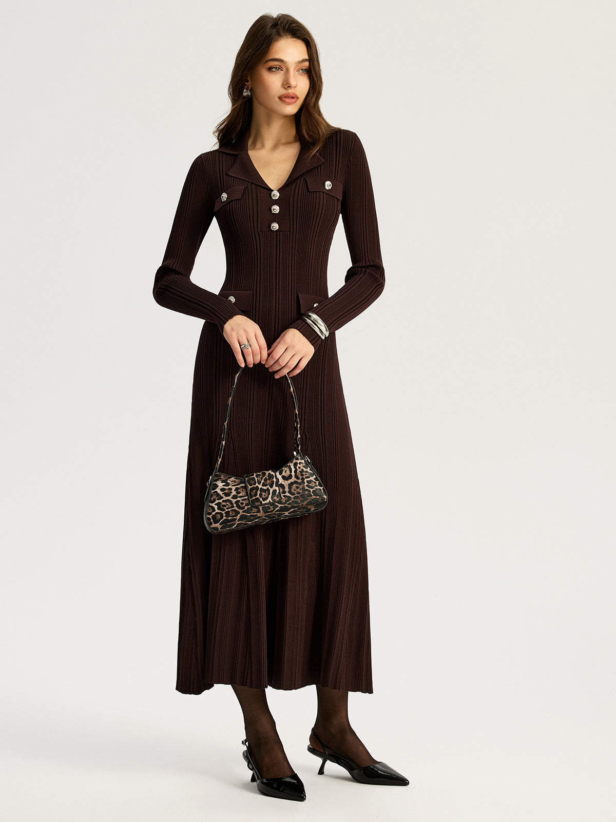 Women's dark brown ribbed knit maxi dress with lapel collar and long sleeves