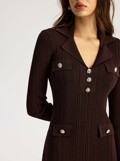 Women's dark brown ribbed knit maxi dress with lapel collar and long sleeves