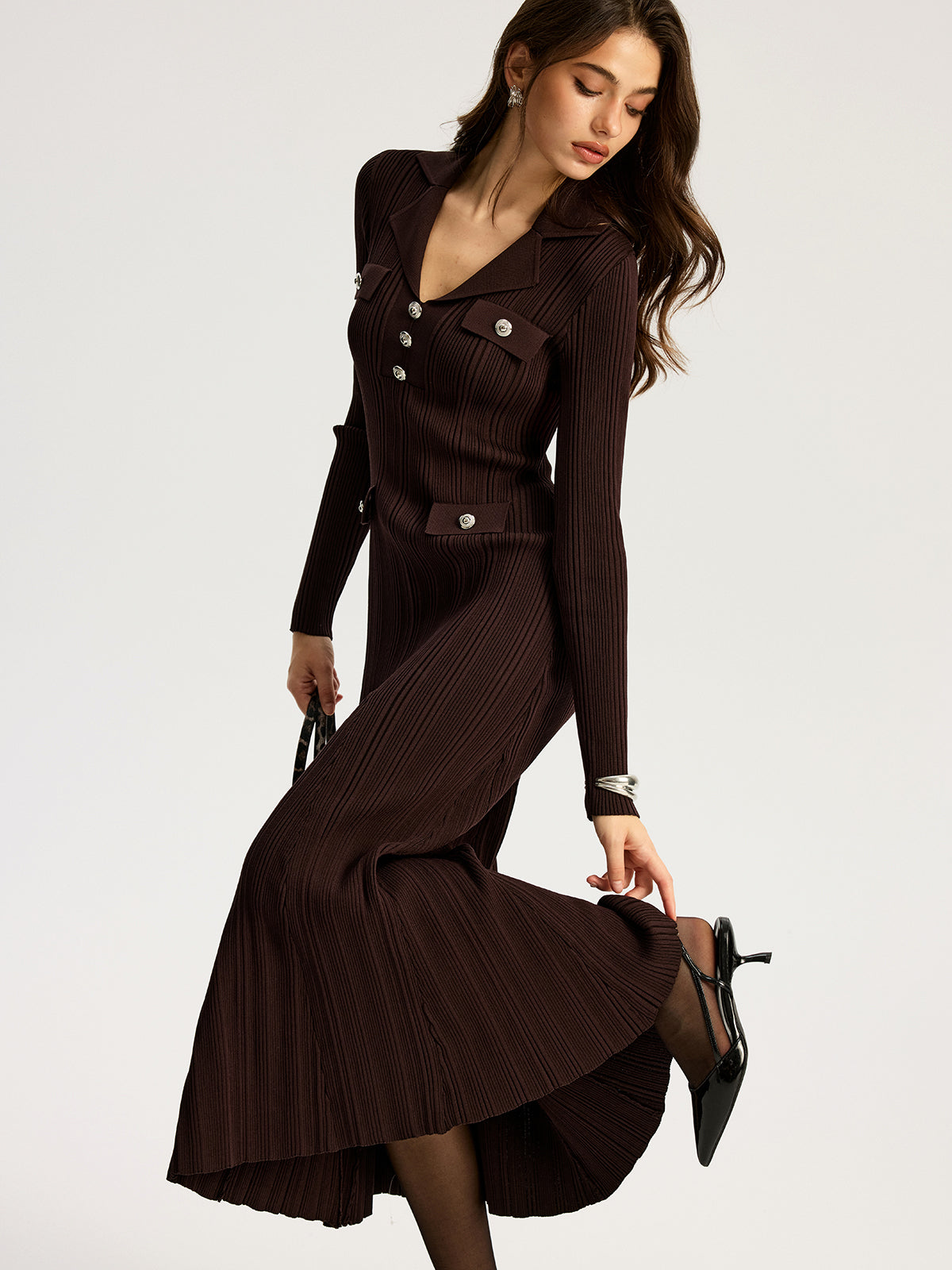 Women's dark brown ribbed knit maxi dress with lapel collar and long sleeves