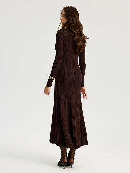 Women's dark brown ribbed knit maxi dress with lapel collar and long sleeves