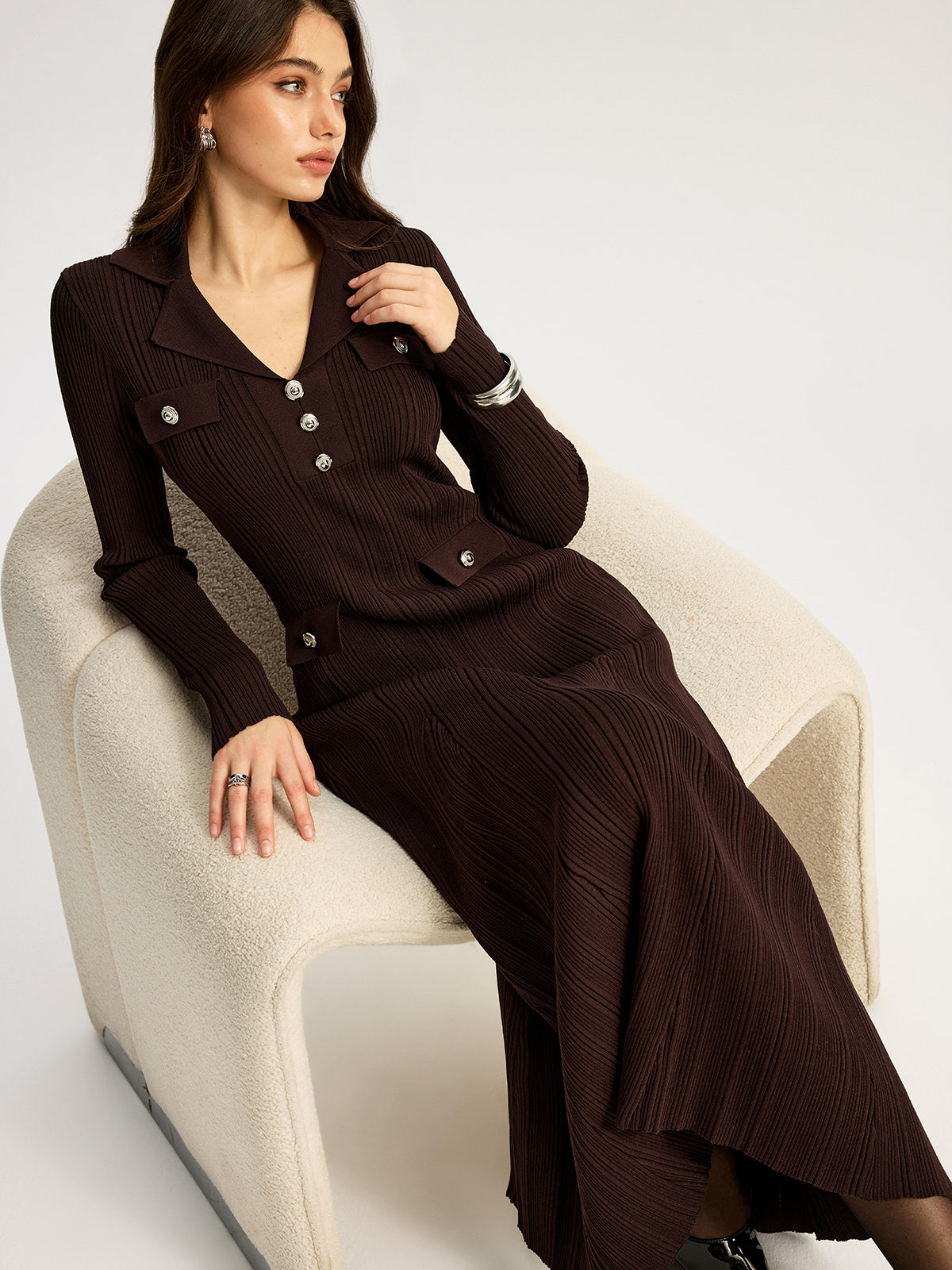 Women's dark brown ribbed knit maxi dress with lapel collar and long sleeves