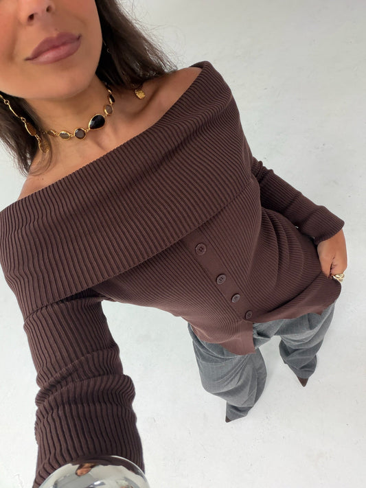 Women's brown ribbed off-shoulder button cardigan