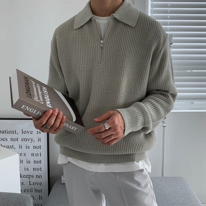 Men's ribbed quarter-zip sweater with pointed collar and long sleeves
