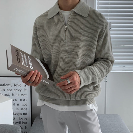 Men's ribbed quarter-zip sweater with pointed collar and long sleeves