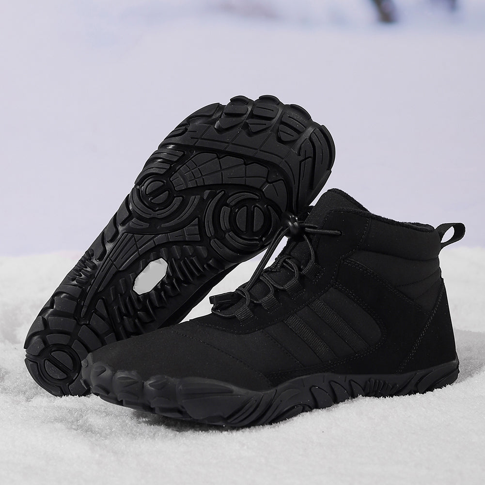Fleece-lined barefoot ankle boots with lace-up fronts and rugged flat soles