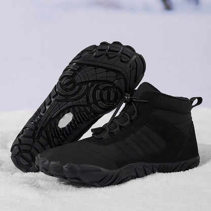 Fleece-lined barefoot ankle boots with lace-up fronts and rugged flat soles