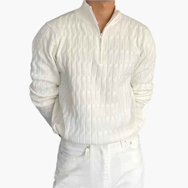Half zip ribbed sweater in cream and black with crew neckline and long sleeves