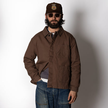Men's brown utility jacket with shirt collar, long sleeves and four patch pockets
