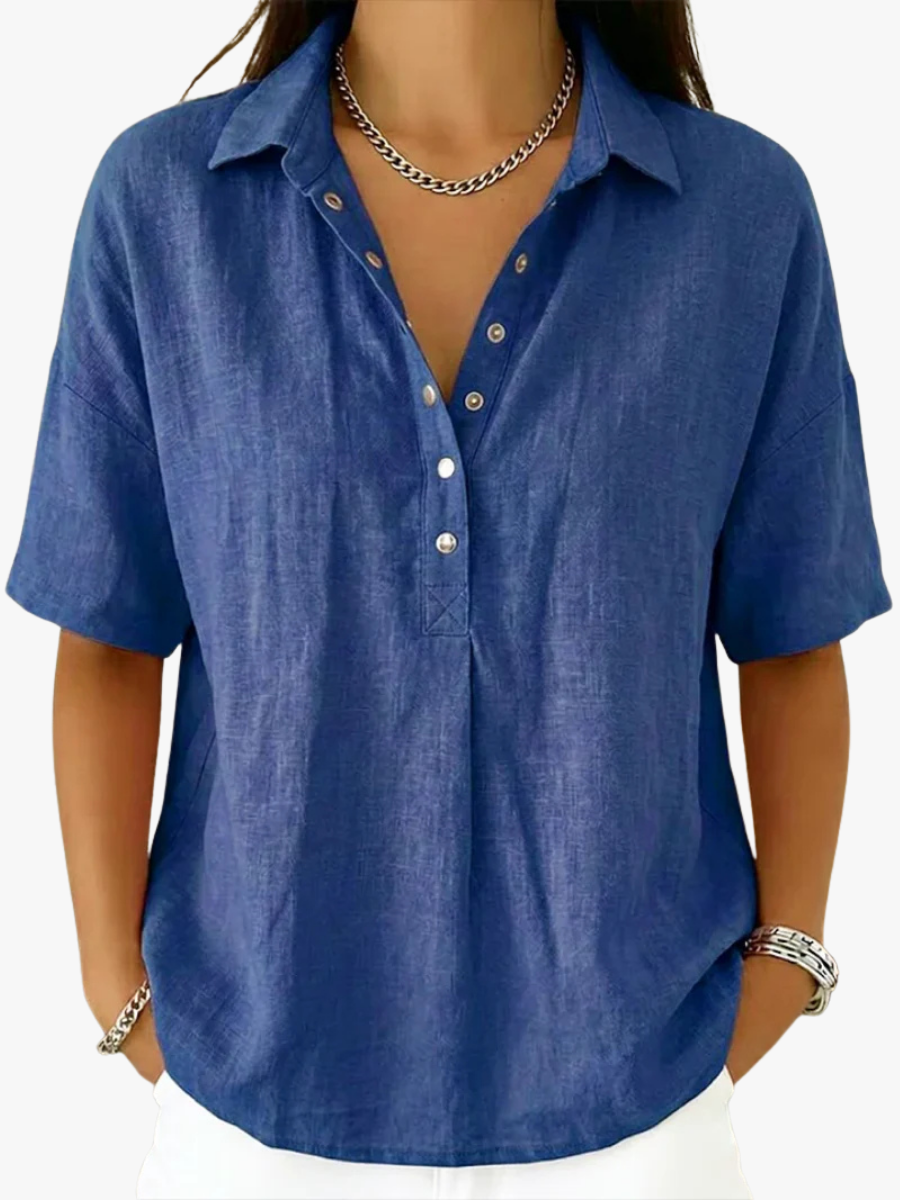 Women's collared blouse with short sleeves and button front in khaki and sky blue