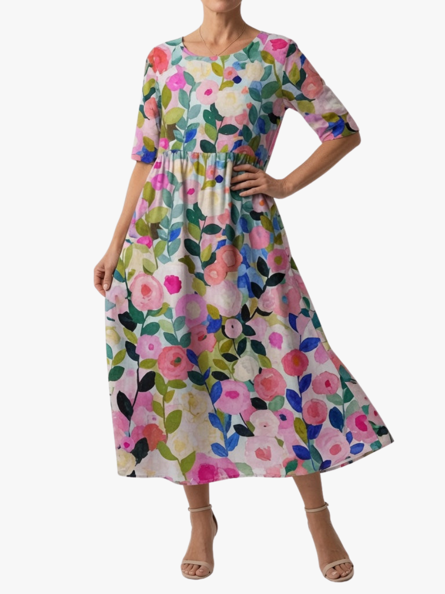 Women's Floral Print Maxi Dress — V-Neck Flowing Summer Maxi Dress