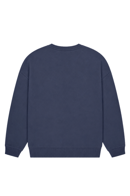 Women's blue crewneck sweatshirt with raised front logo