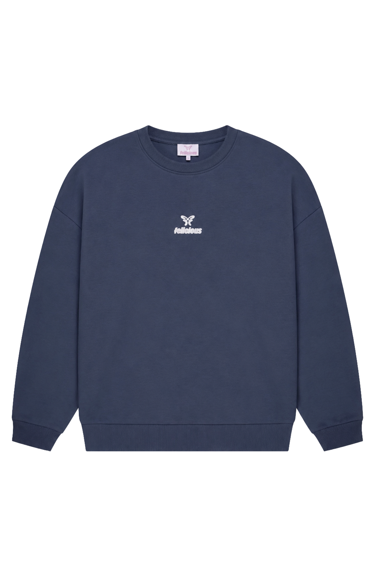 Women's blue crewneck sweatshirt with raised front logo