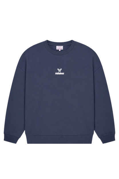 Women's blue crewneck sweatshirt with raised front logo