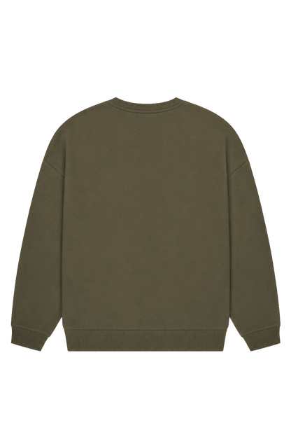 Women's green crewneck sweatshirt with raised chest logo and ribbed trims