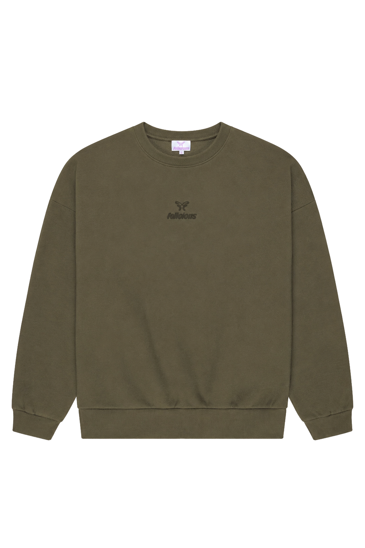 Women's green crewneck sweatshirt with raised chest logo and ribbed trims