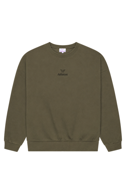 Women's green crewneck sweatshirt with raised chest logo and ribbed trims