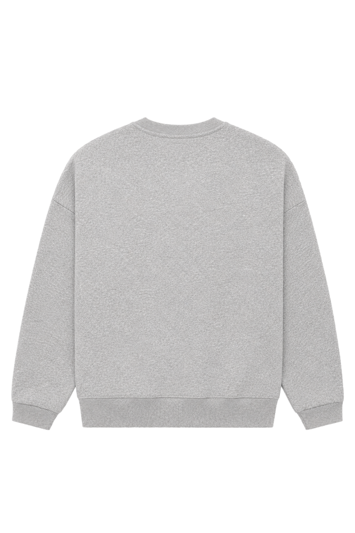 Women's gray crewneck sweatshirt with pink chest logo