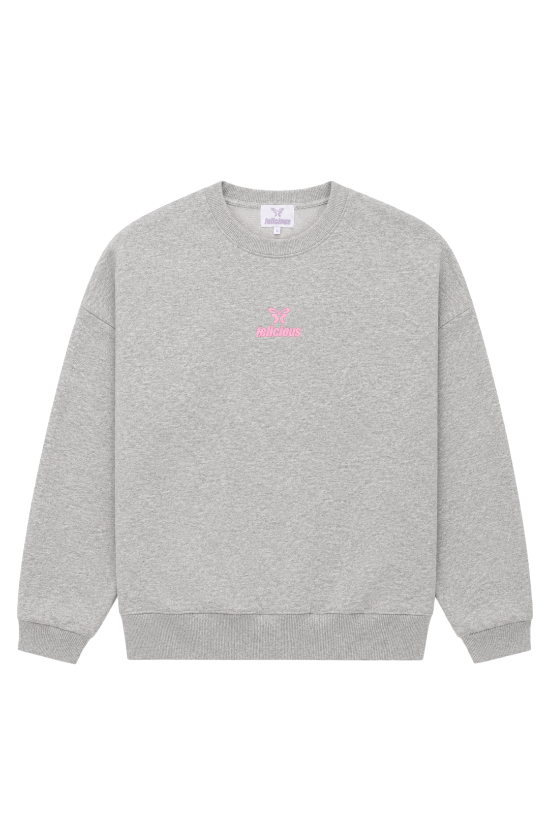 Women's gray crewneck sweatshirt with pink chest logo