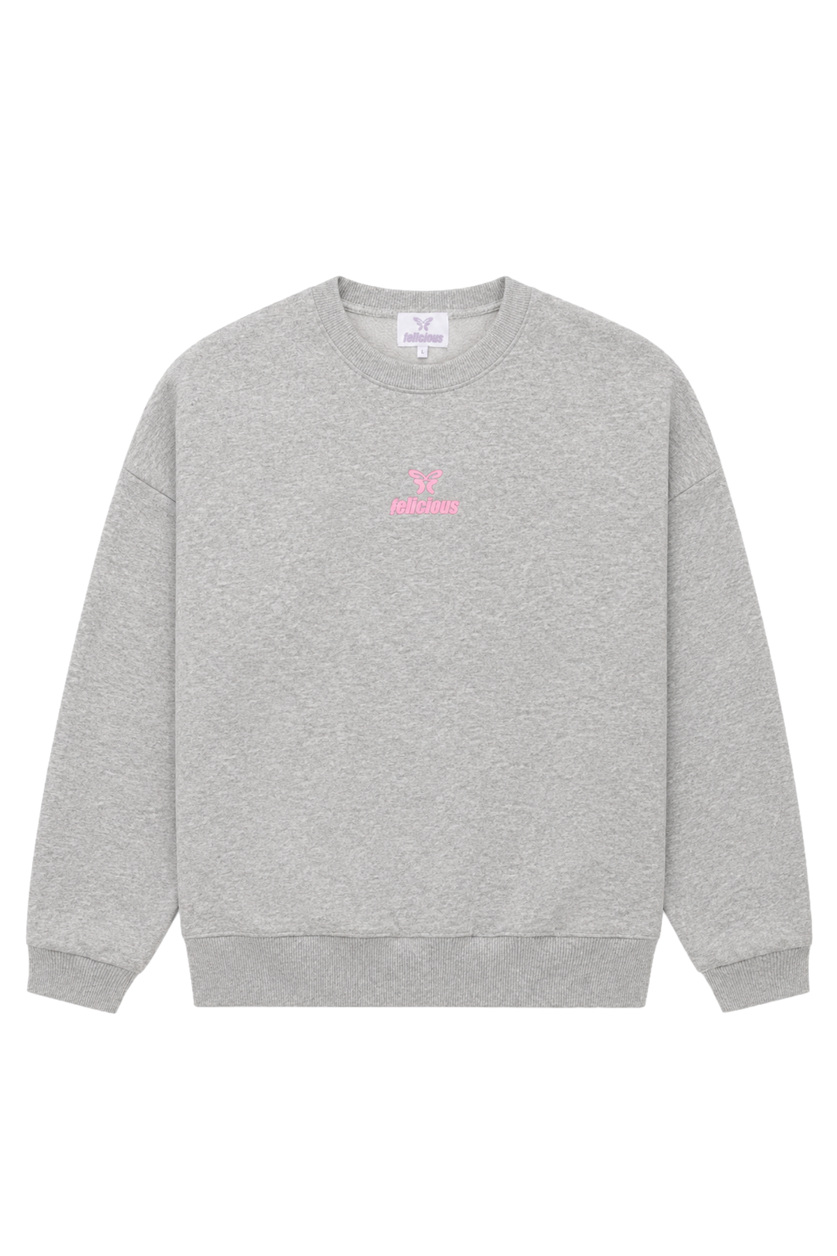 Women's gray crewneck sweatshirt with pink chest logo