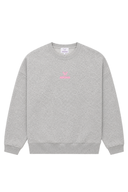 Women's gray crewneck sweatshirt with pink chest logo