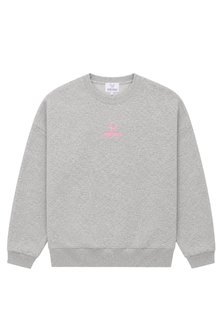 Women's gray crewneck sweatshirt with pink chest logo