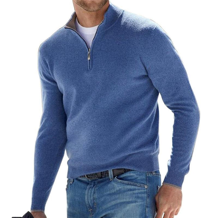Men's plain quarter-zip knit sweater with stand collar
