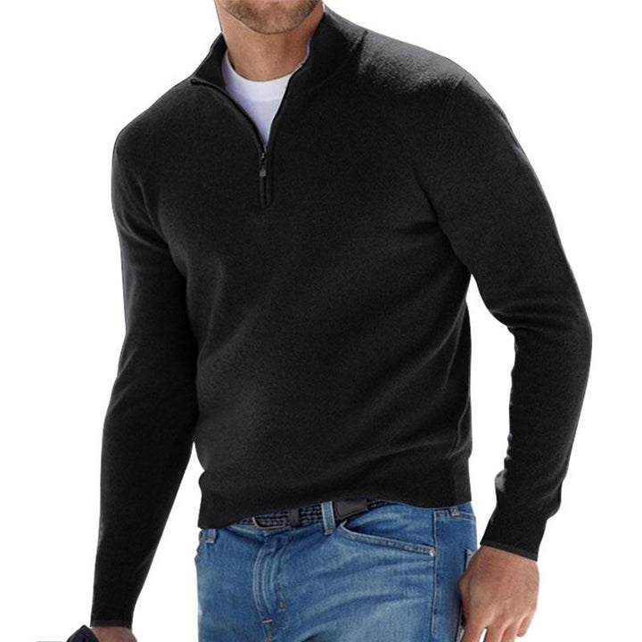 Men's plain quarter-zip knit sweater with stand collar