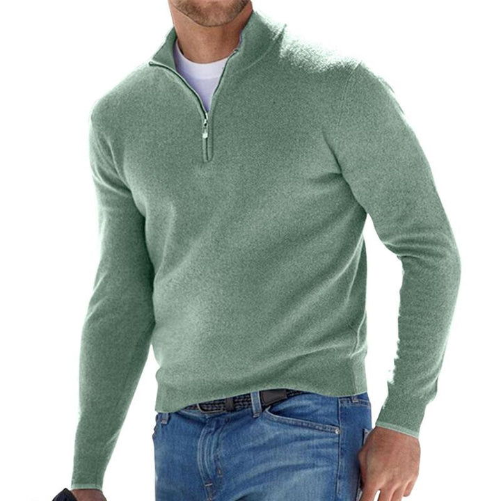 Men's plain quarter-zip knit sweater with stand collar