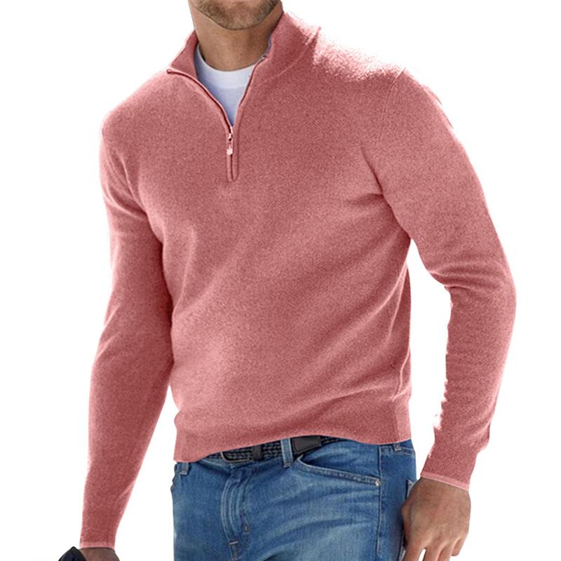 Men's plain quarter-zip knit sweater with stand collar