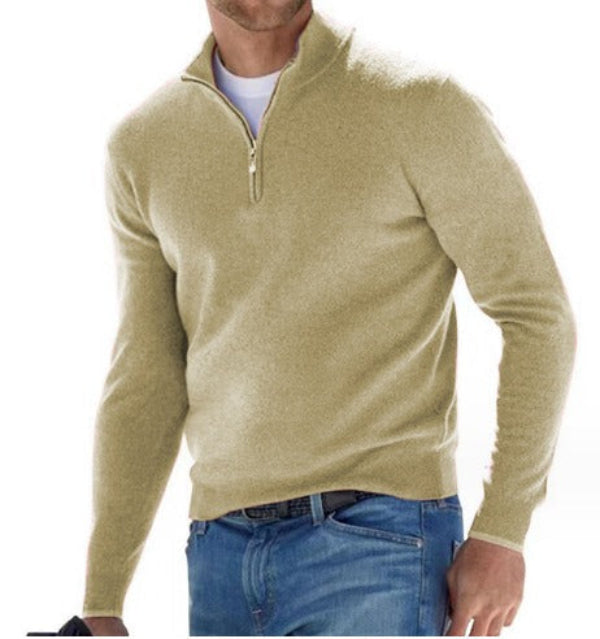 Men's plain quarter-zip knit sweater with stand collar