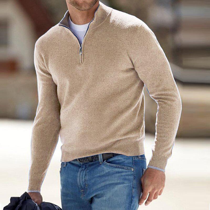 Men's plain quarter-zip knit sweater with stand collar