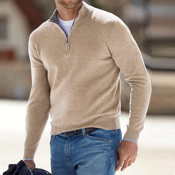 Men's plain quarter-zip knit sweater with stand collar