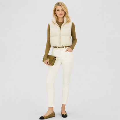 Women's cropped quilted puffer vest with high collar and zip front