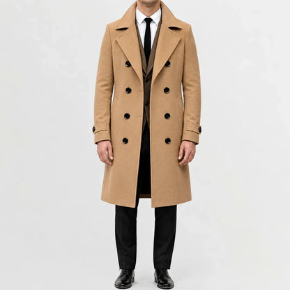 Men's long double-breasted trench coat with notched lapels and buttoned cuffs