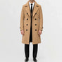 Men's long double-breasted trench coat with notched lapels and buttoned cuffs