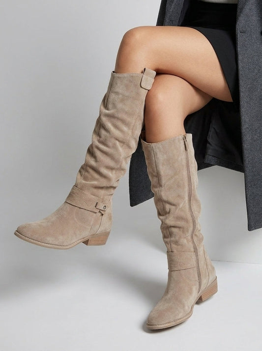 Women's knee-high boots with ruched shafts, side zips and low block heels