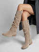Women's knee-high boots with ruched shafts, side zips and low block heels