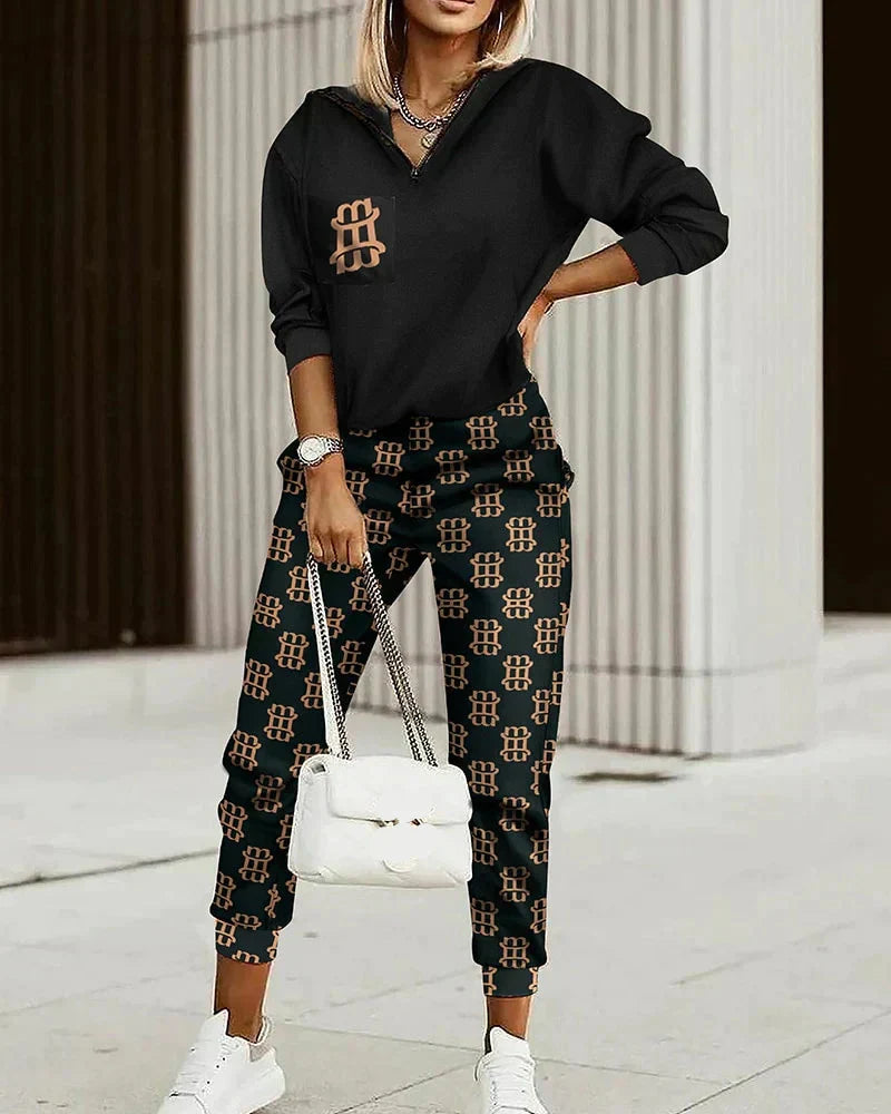Women's hooded patterned hoodie and jogger set with tapered ankle cuffs