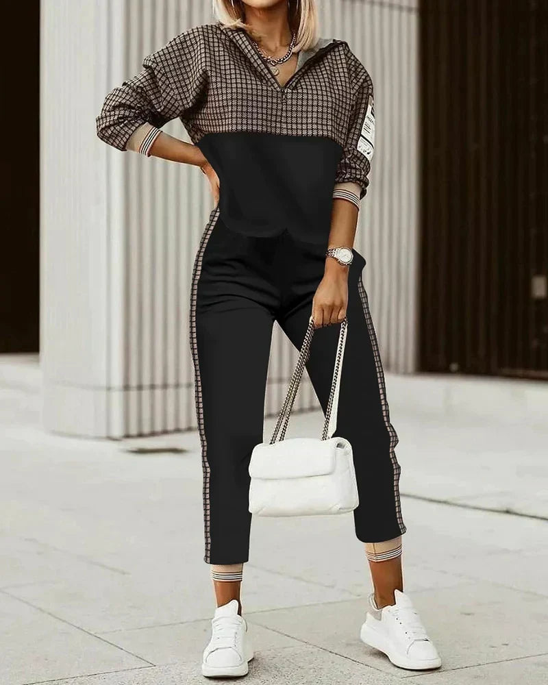 Women's hooded patterned hoodie and jogger set with tapered ankle cuffs