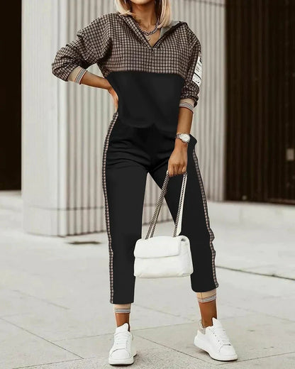 Women's hooded patterned hoodie and jogger set with tapered ankle cuffs